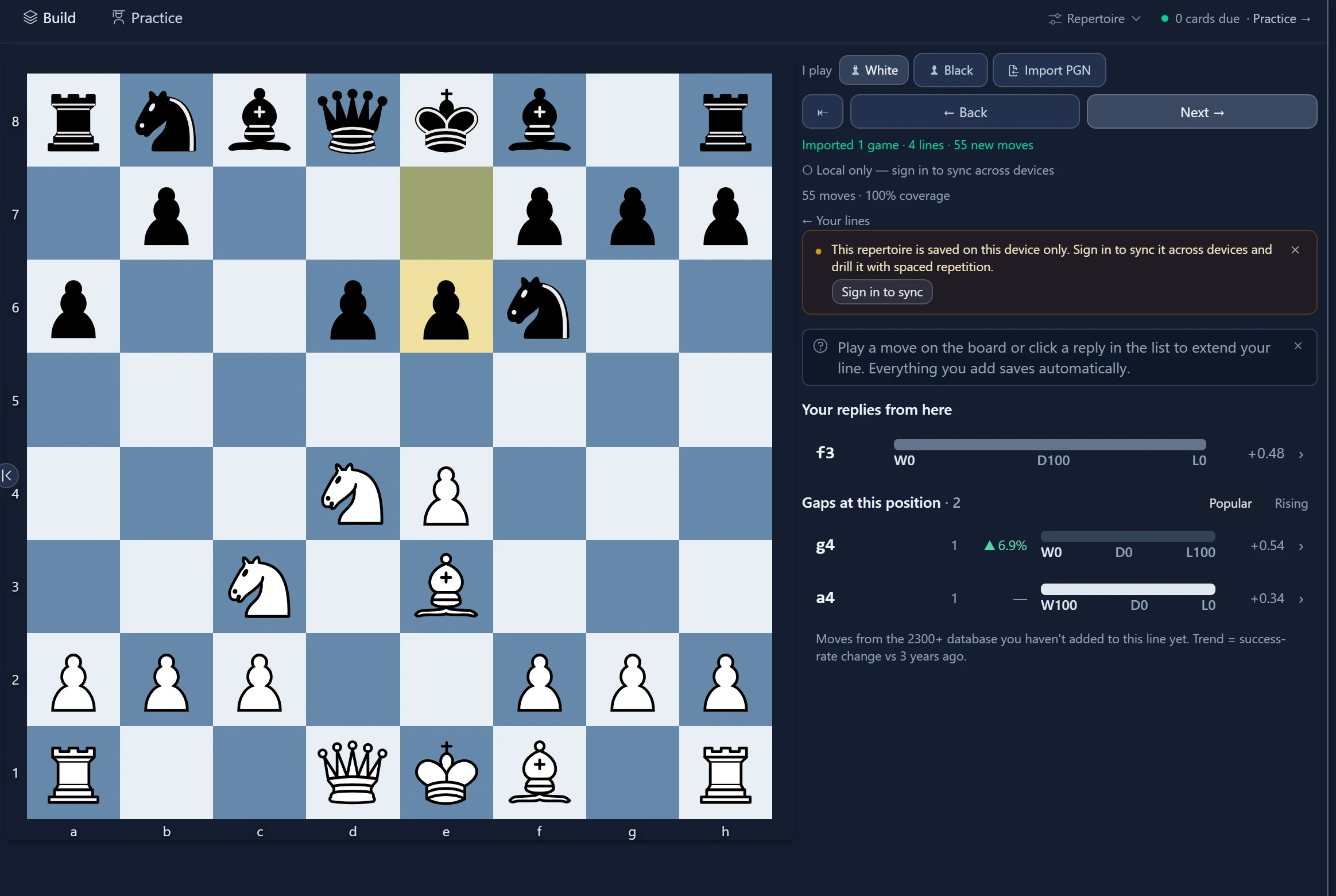 FlexiChess repertoire builder — pick your reply at each position with its win/draw/loss split, see the gaps you haven't covered ranked by popularity and rising trend, coverage at 100%, with the Pallas coach alongside