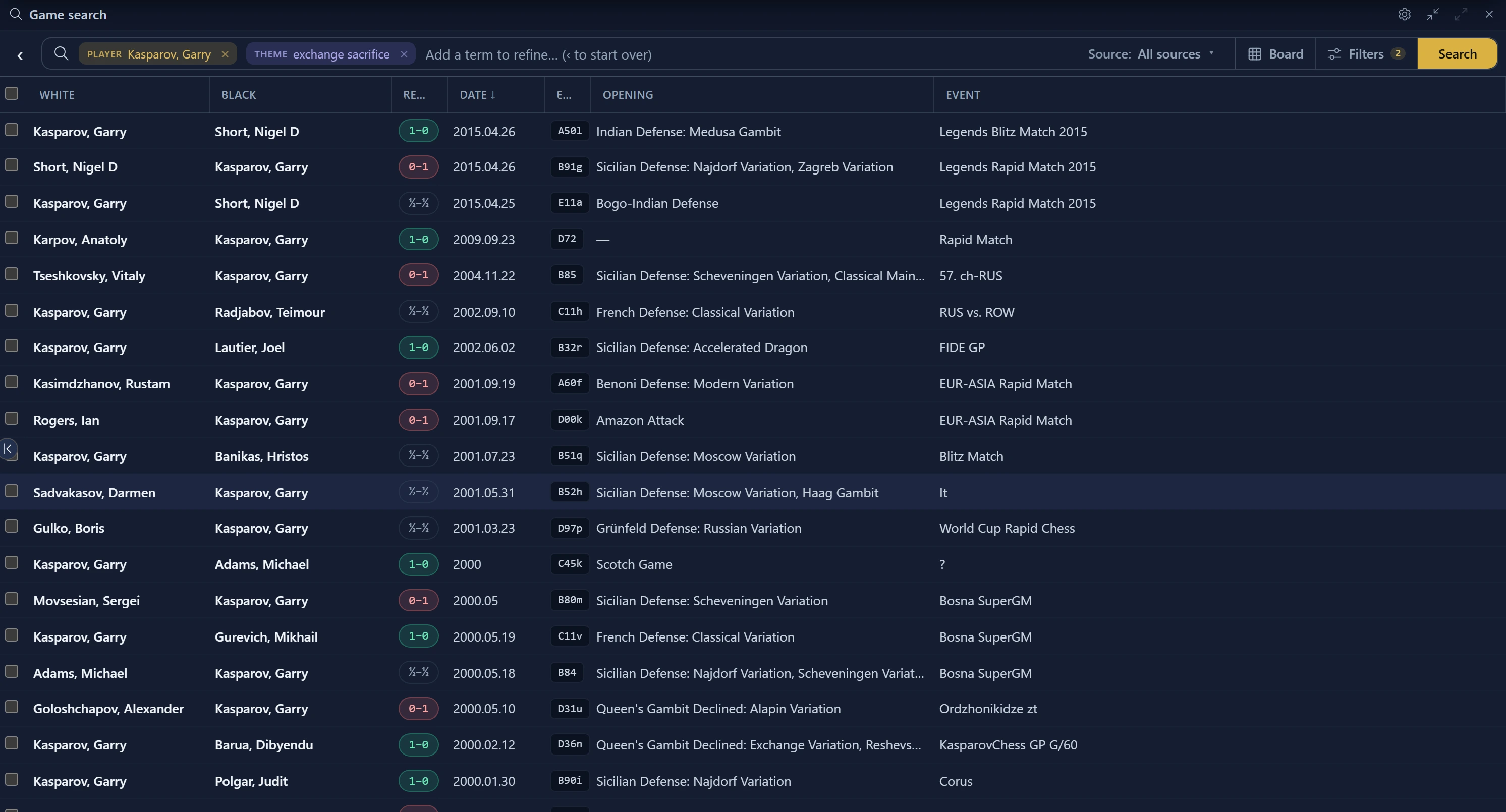 FlexiChess Game Search — a natural-language query parsed into Kasparov and exchange-sacrifice chips with 95 matching games listed by opening, result, and event