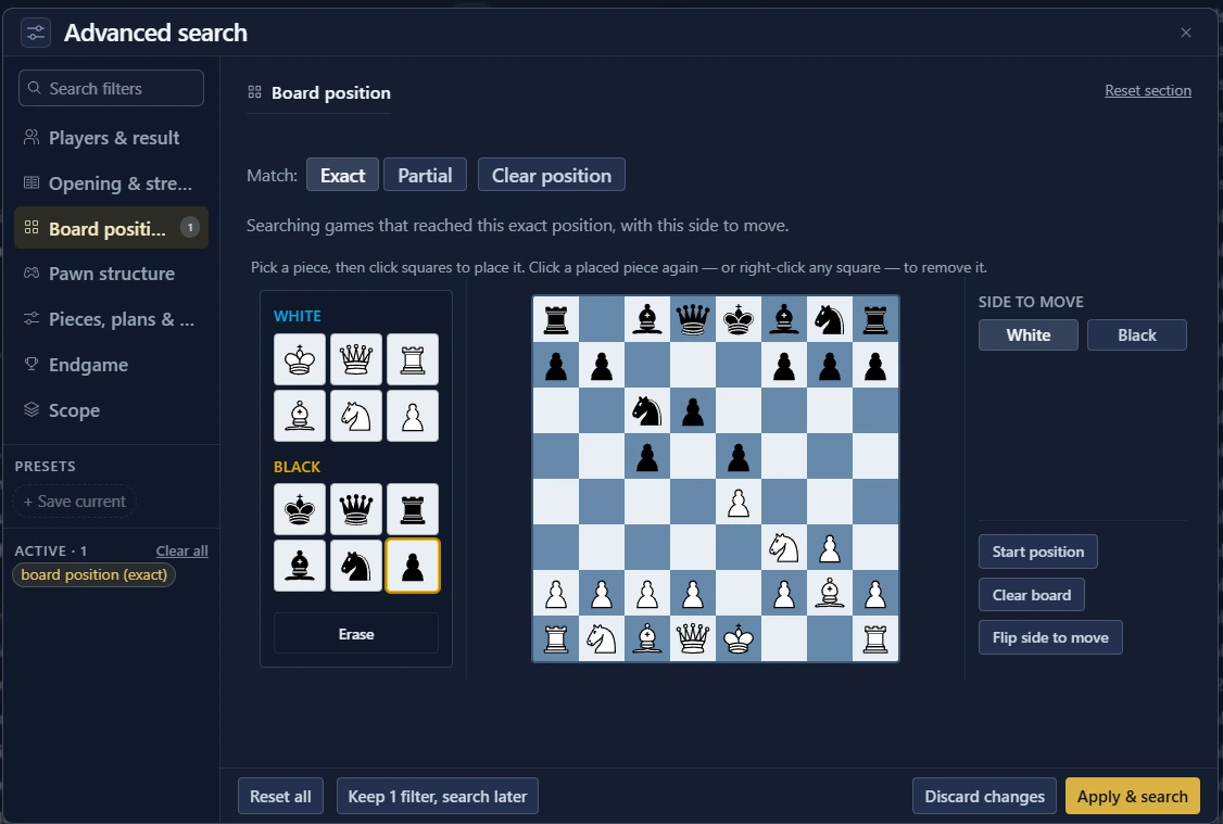 Setting up a position to search. The board-position section of Advanced search, with exact or partial matching, a piece palette, and the side to move.