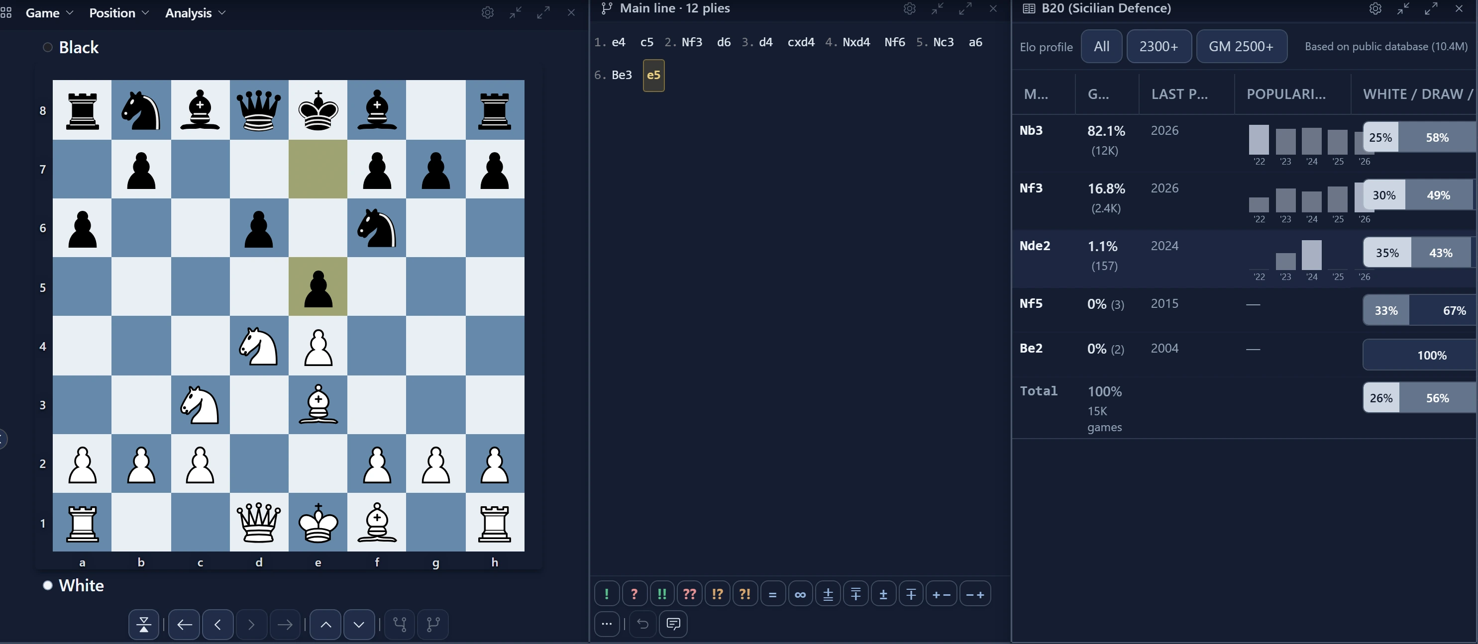 FlexiChess opening explorer — the board beside the move list and the explorer table ranking every reply by frequency, with popularity trend and the white/draw/black split from millions of games